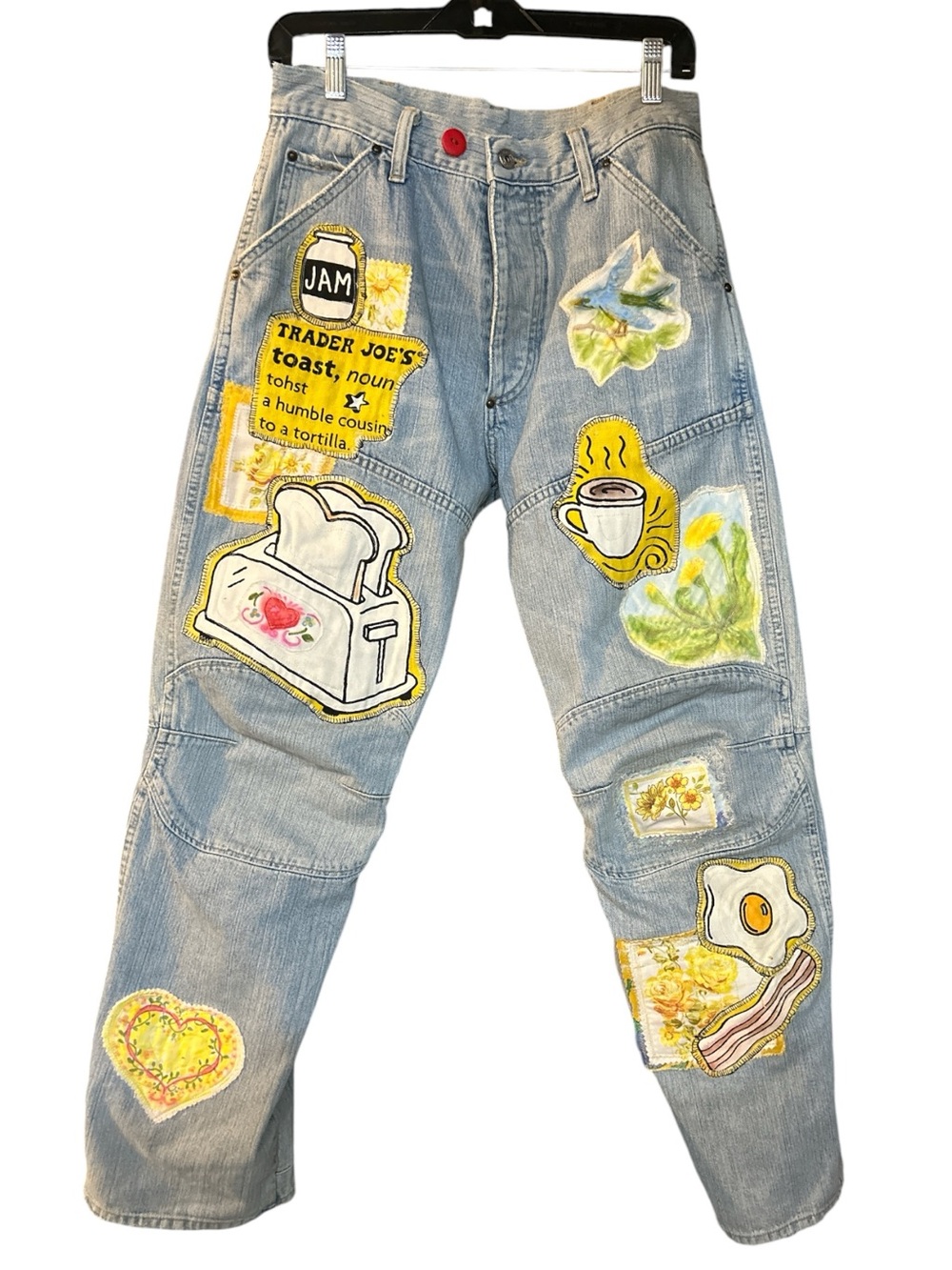 WEARABLE ART Upcycled Vintage Jeans Hand-Painted/ Floral/Breakfast Appliqués W31